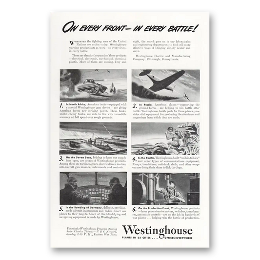 1943 Westinghouse On Every Front In Every Battle Vintage Magazine Print Ad