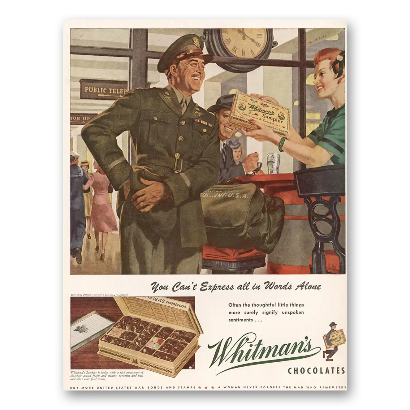 1943 Whitmans Chocolates You Can't Express All in Words Alone Vintage Magazine Print Ad