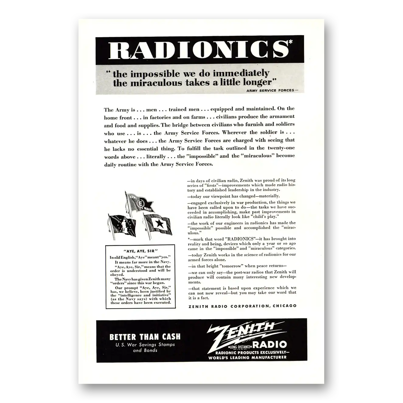 1943 Zenith Radio Radionics Aye Aye Sir Vintage Magazine Print Ad