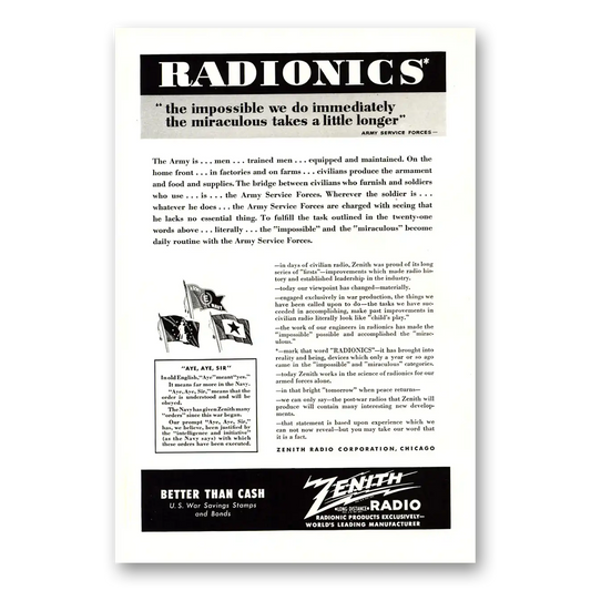 1943 Zenith Radio Radionics Aye Aye Sir Vintage Magazine Print Ad