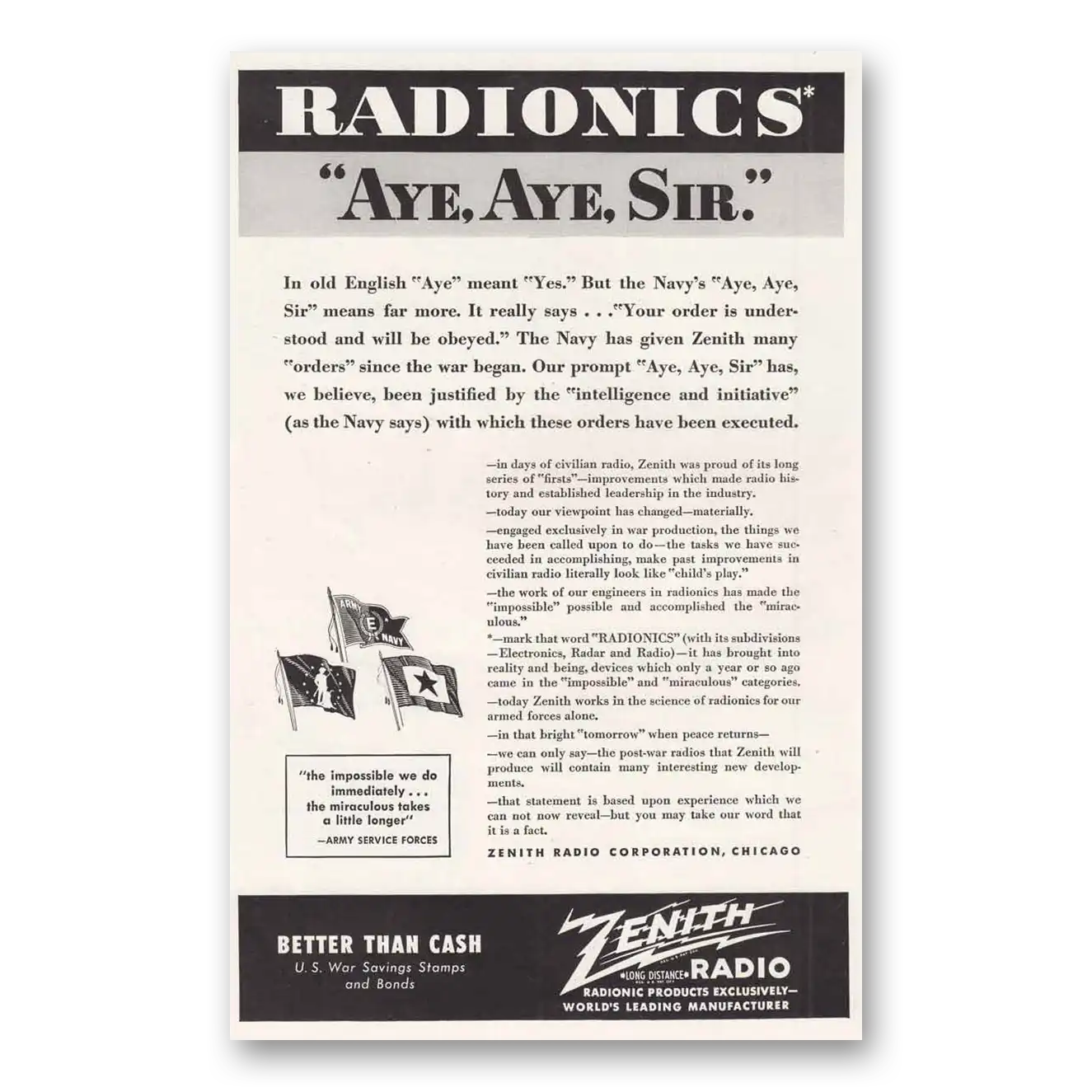 1943 Zenith Radio Aye Aye Sir Vintage Magazine Print Ad