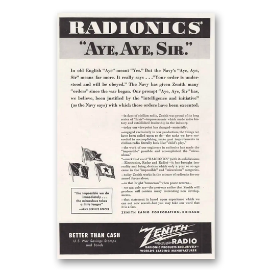 1943 Zenith Radio Aye Aye Sir Vintage Magazine Print Ad