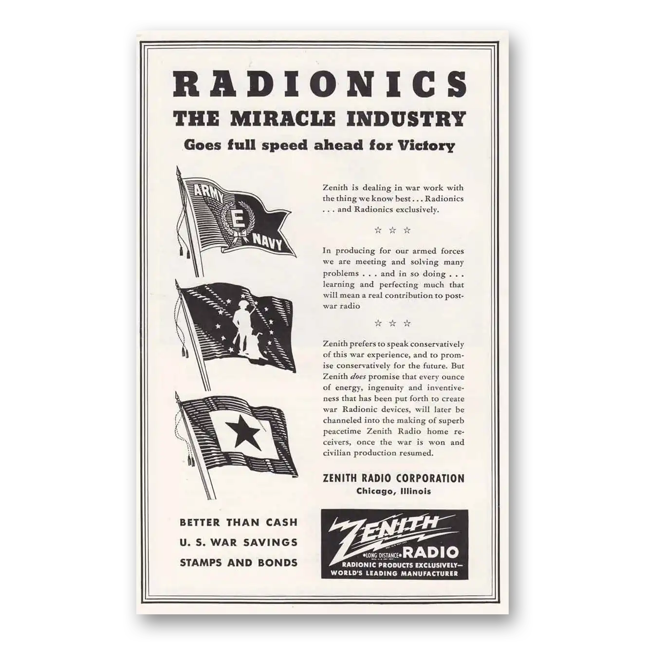 1943 Zenith Radio Radionics The Miracle Industry Vintage Magazine Print Ad