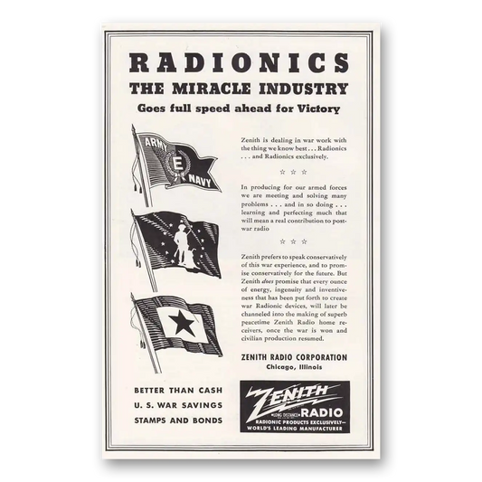 1943 Zenith Radio Radionics The Miracle Industry Vintage Magazine Print Ad