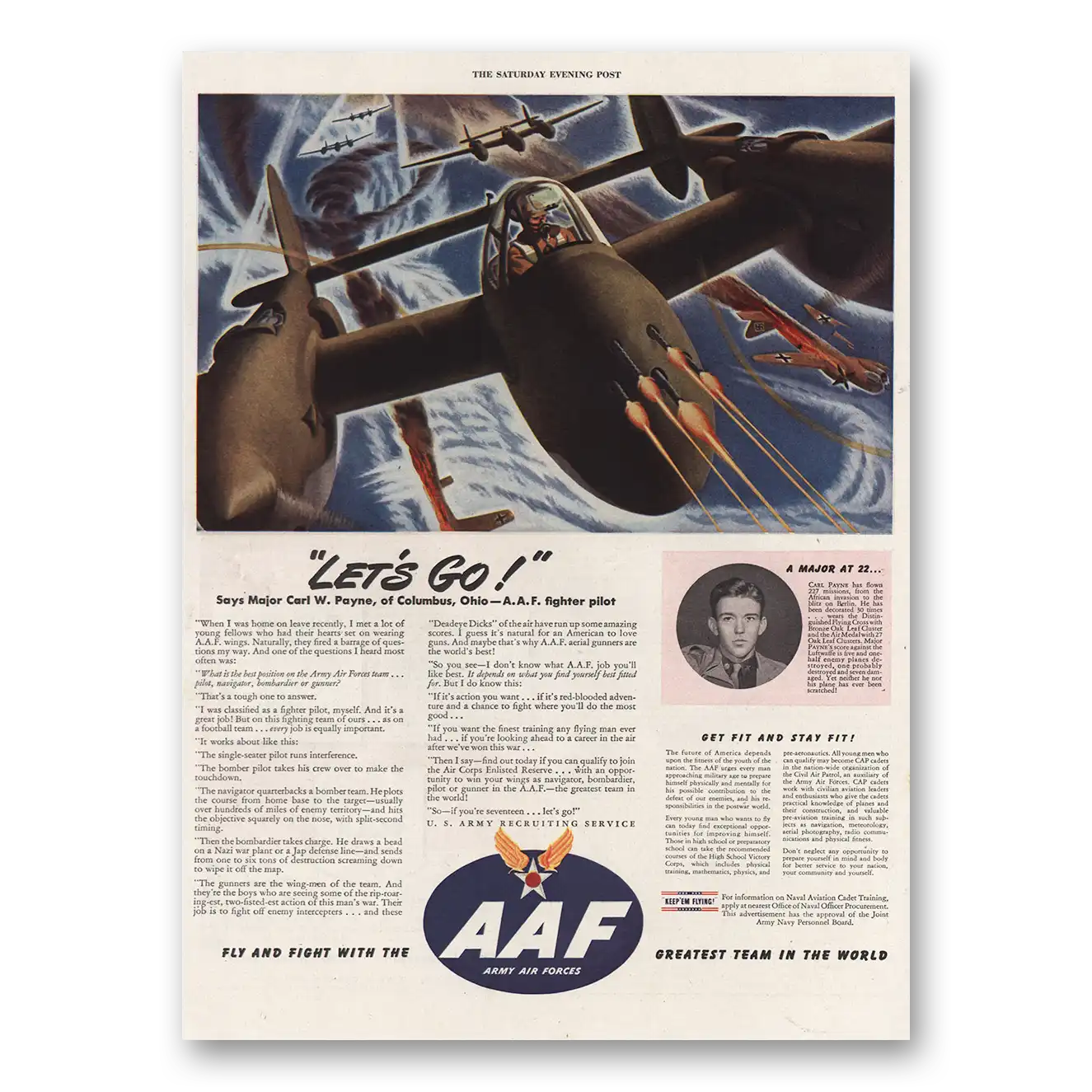 1944 AAF Army Air Forces Lets Go Says Major Carl W Payne Vintage Magazine Print Ad