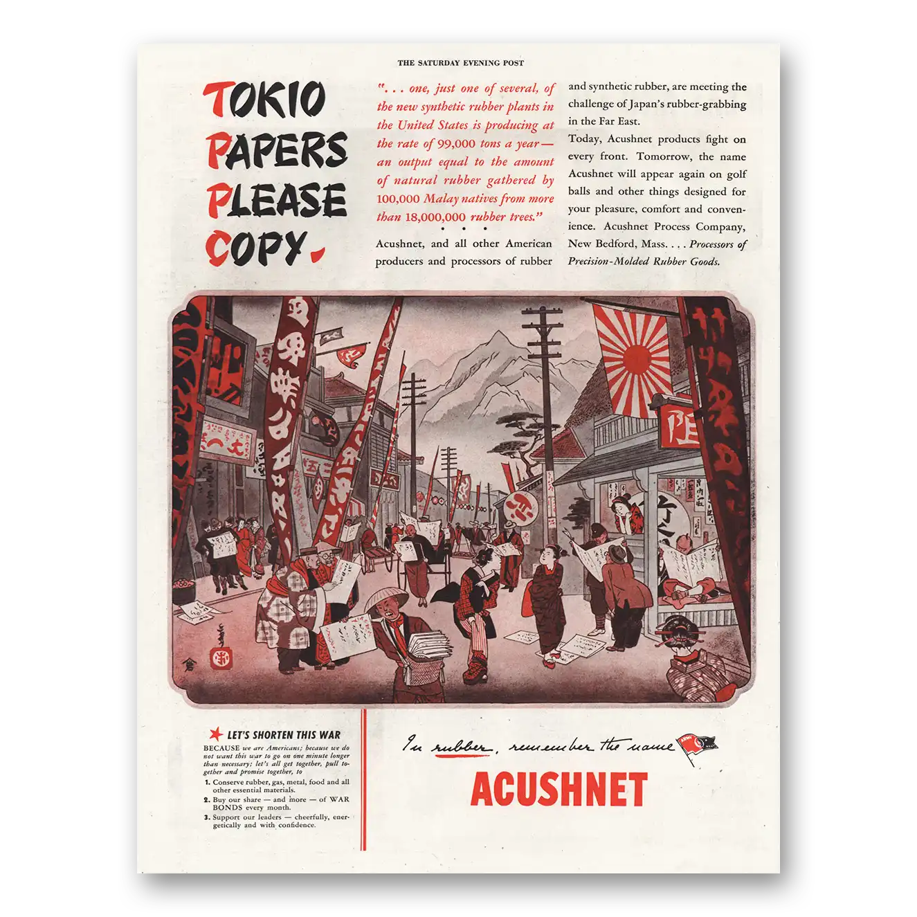 1944 Acushnet Process Company Tokio Papers Please Copy Vintage Magazine Print Ad