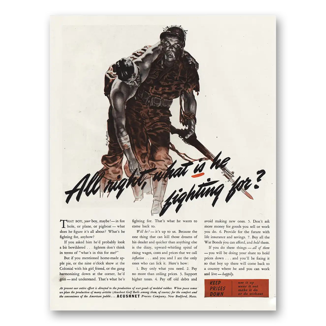 1944 Acushnet Process Company What Is He Fighting For Vintage Magazine Print Ad