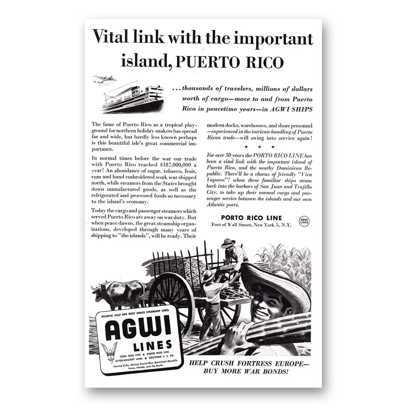 1944 AGWI Lines Vital Link with Important Island Puerto Rico Vintage Magazine Print Ad