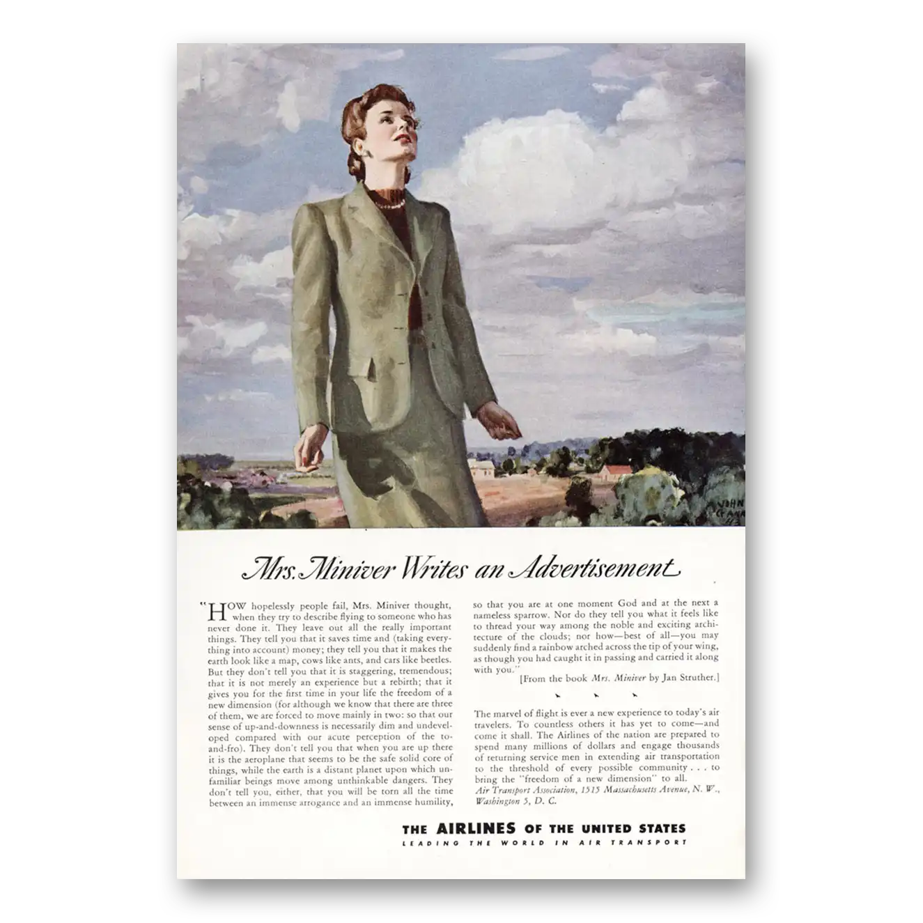 1944 Airlines of the United States Mrs Miniver Writes an Advertisement Vintage Magazine Print Ad