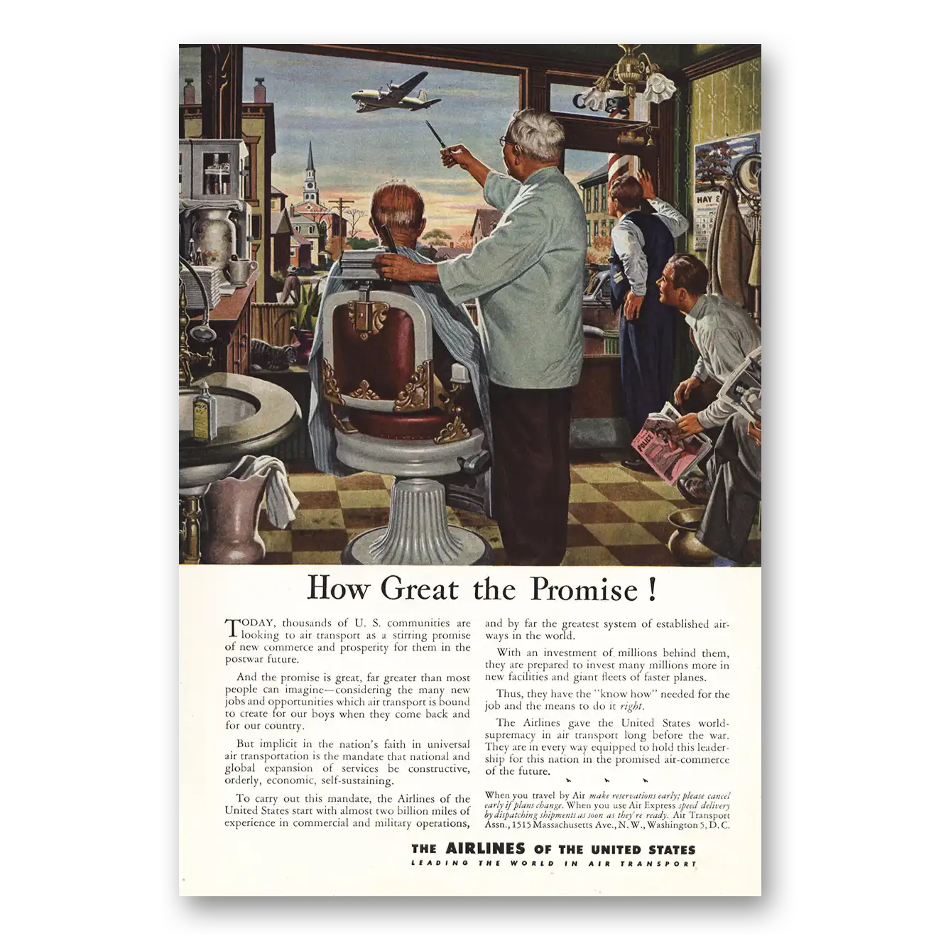 1944 Airlines of the United States Barber Shop How Great the Promise Vintage Magazine Print Ad