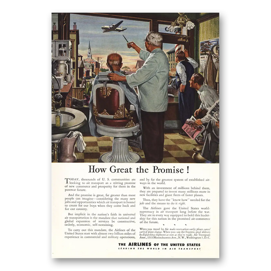 1944 Airlines of the United States Barber Shop How Great the Promise Vintage Magazine Print Ad