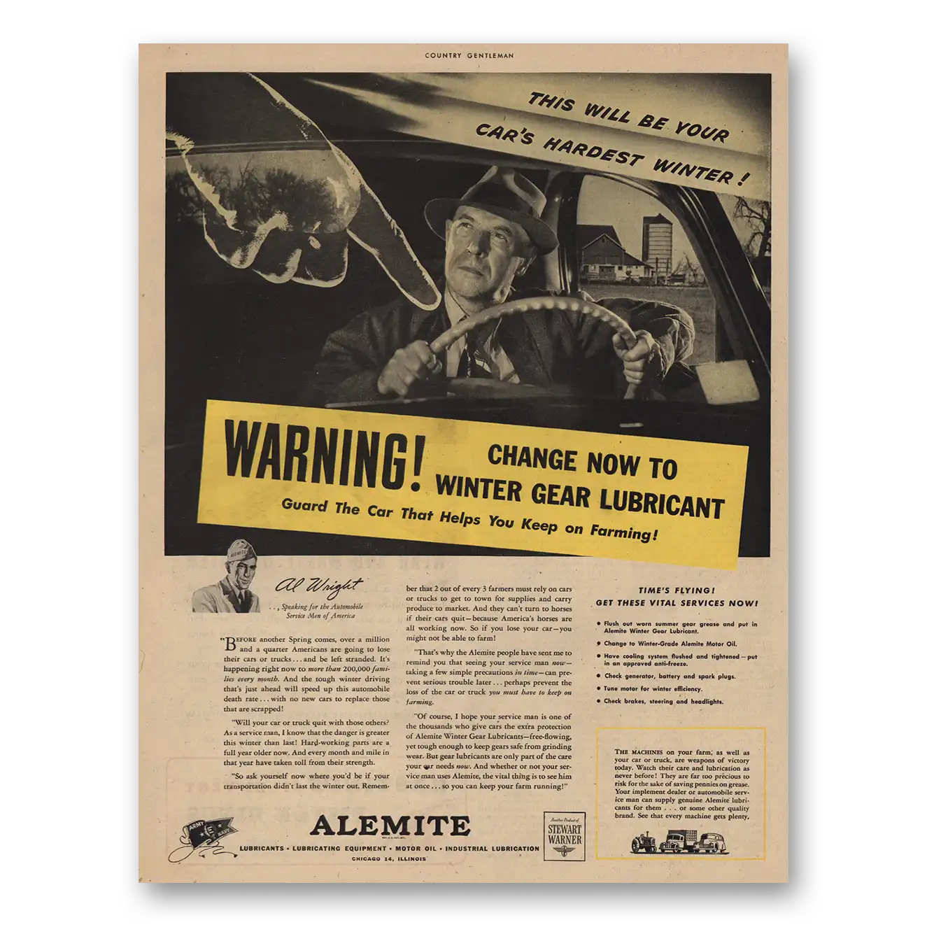 1944 Alemite Winter Gear Lubricant Vintage Magazine Print Ad