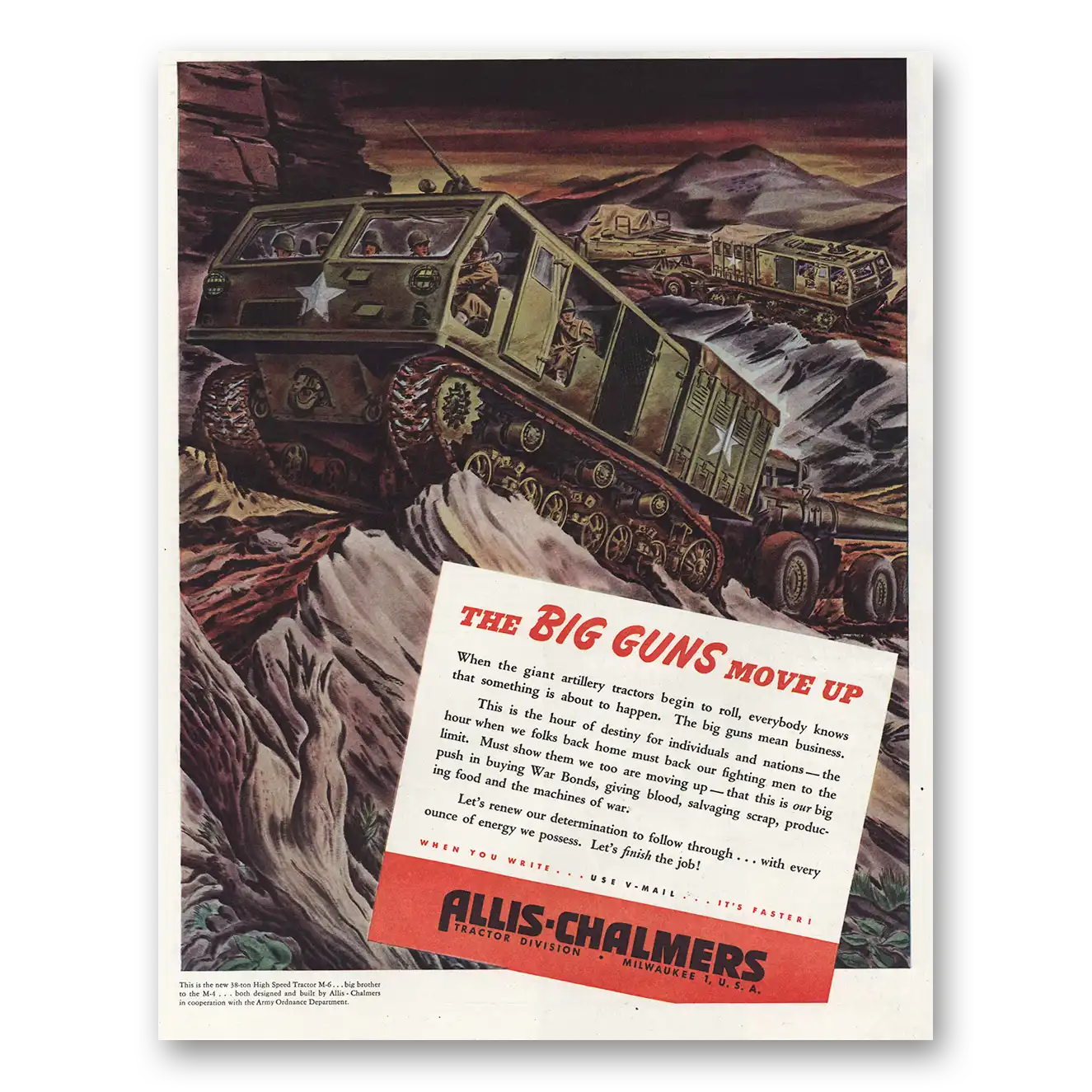 1944 Allis Chalmers Big Guns Move Up Vintage Magazine Print Ad