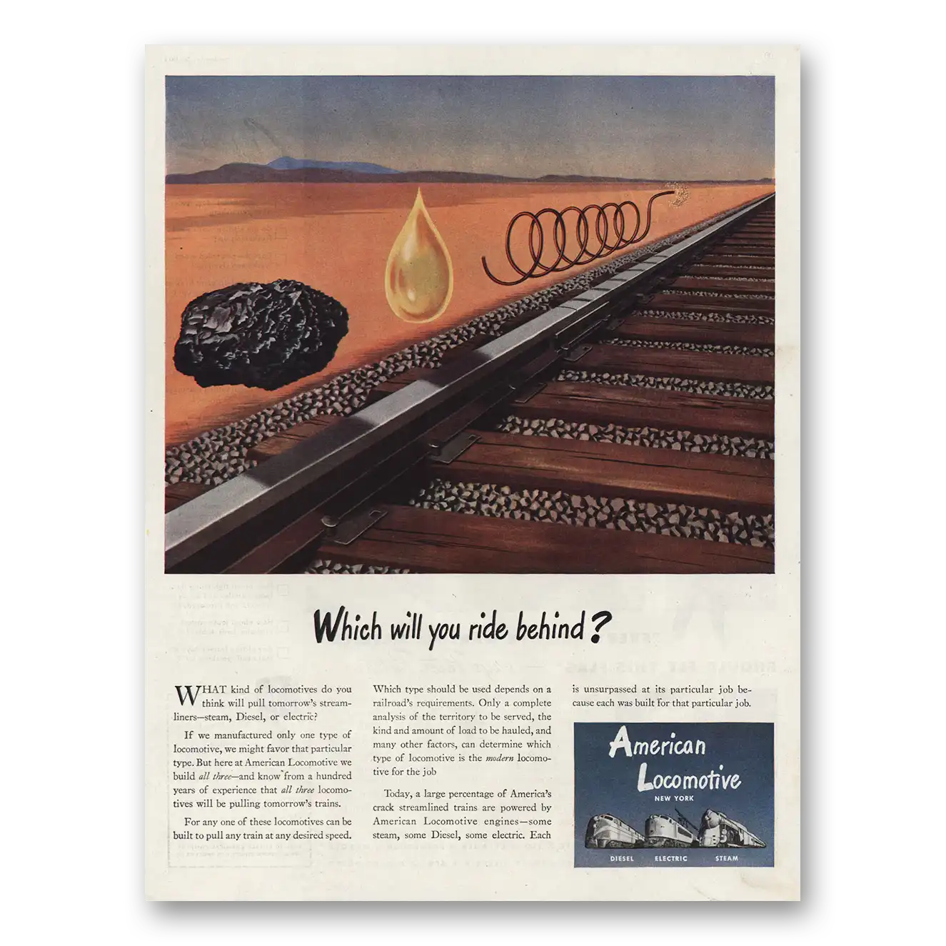 1944 American Locomotive Which Will You Ride Behind Vintage Magazine Print Ad