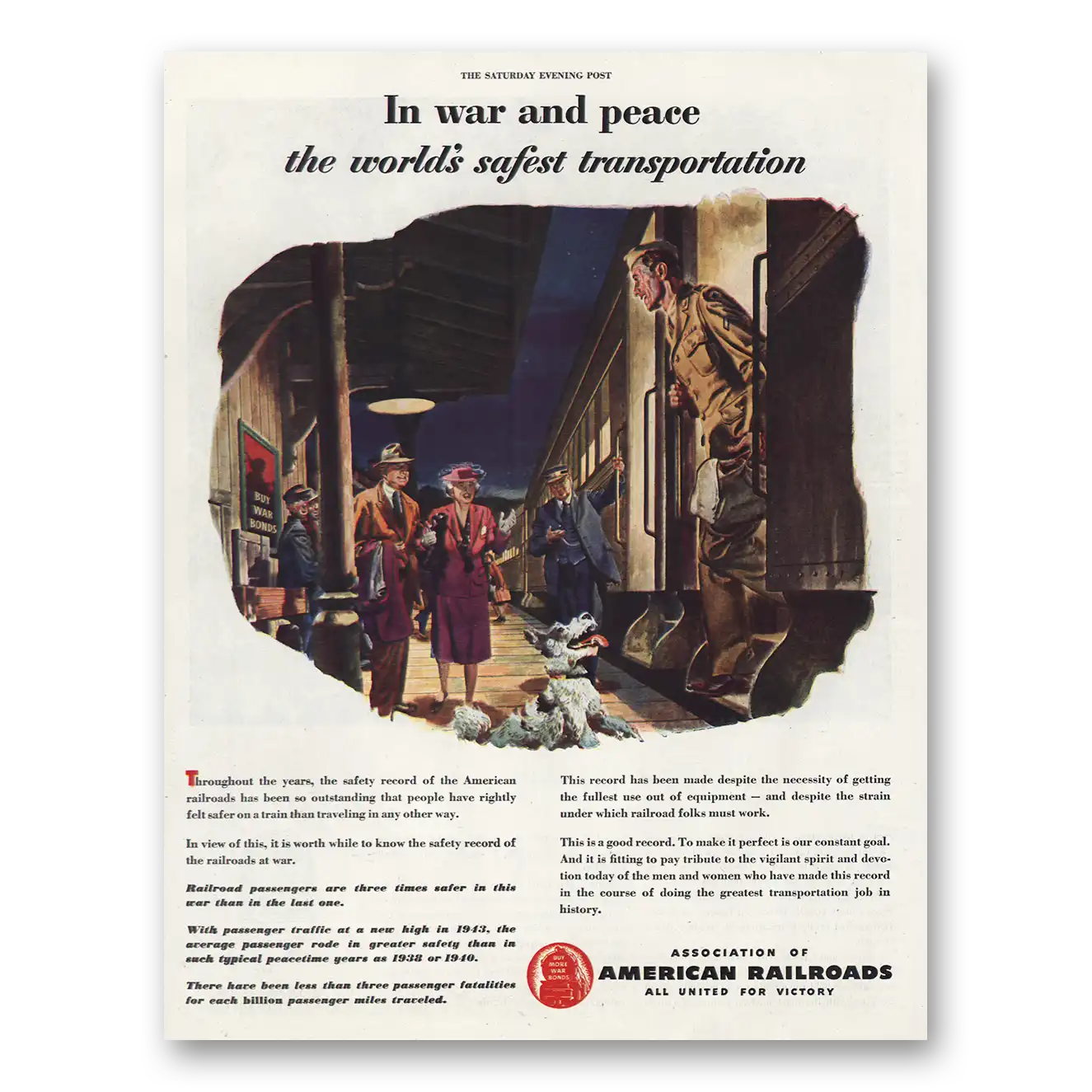 1944 Association of American Railroads War and Peace Vintage Magazine Print Ad