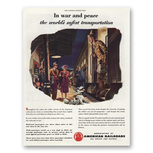 1944 Association of American Railroads War and Peace Vintage Magazine Print Ad