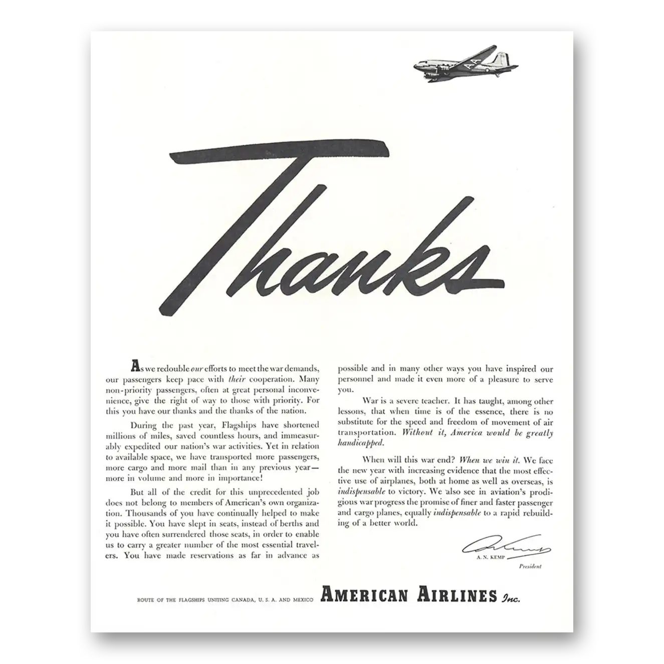 1944 American Airlines Thanks War Demands Vintage Magazine Print Ad