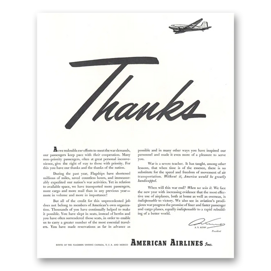 1944 American Airlines Thanks War Demands Vintage Magazine Print Ad