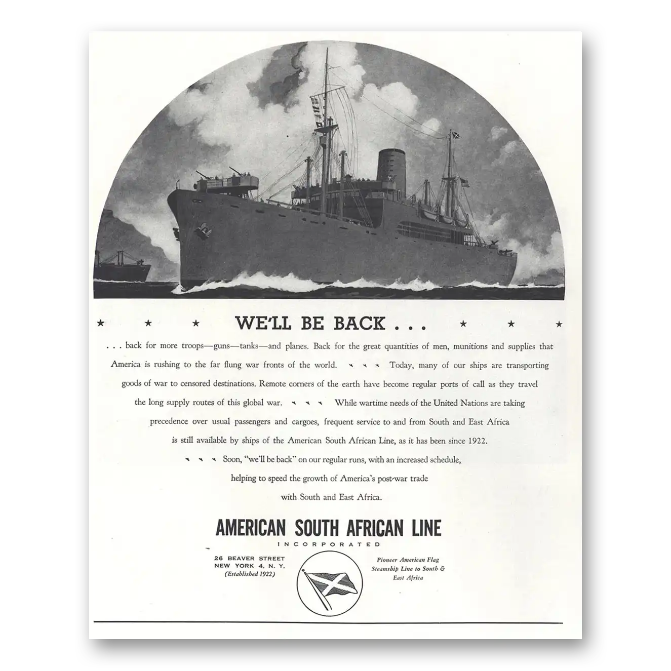 1944 American South African Line We'll Be Back Vintage Magazine Print Ad