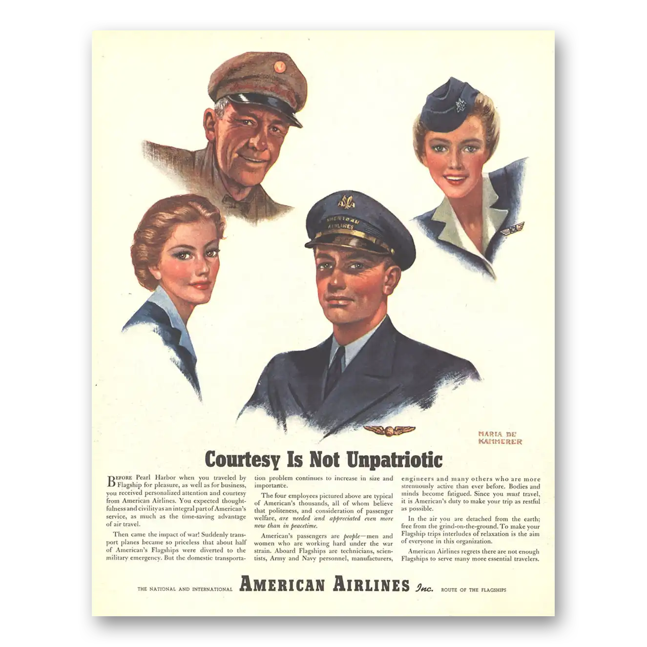 1944 American Airlines Courtesy Is Not Unpatriotic Vintage Magazine Print Ad