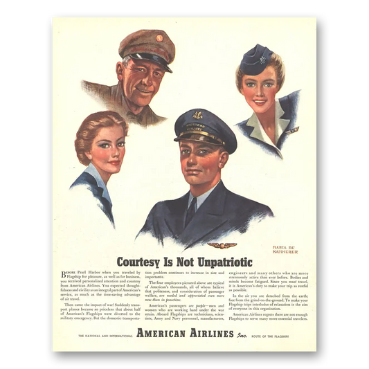 1944 American Airlines Courtesy Is Not Unpatriotic Vintage Magazine Print Ad