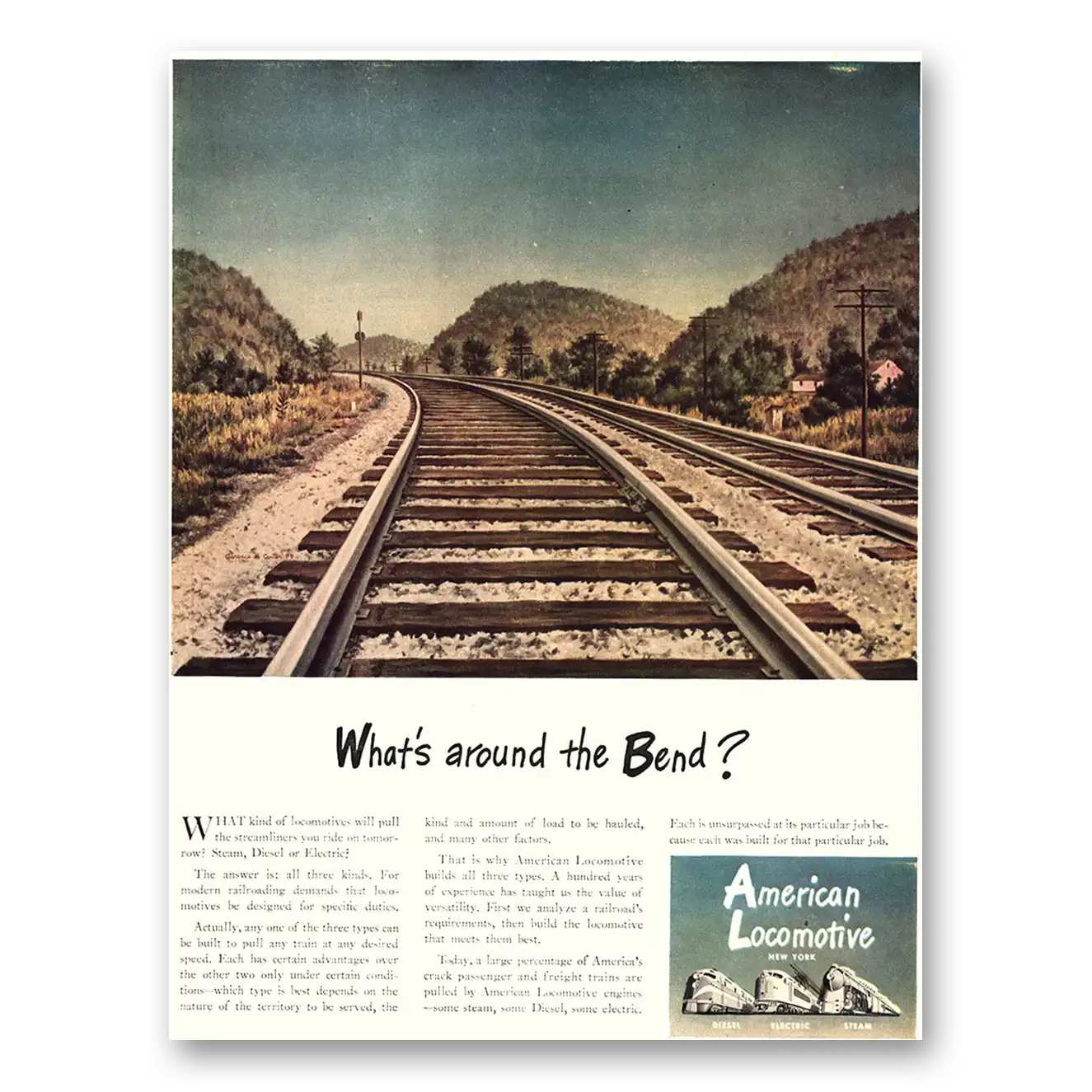 1944 American Locomotive Whats Around the Bend Vintage Magazine Print Ad