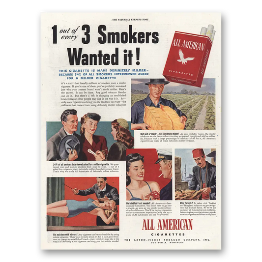 1944 All American Cigarettes Smokers Wanted It Vintage Magazine Print Ad