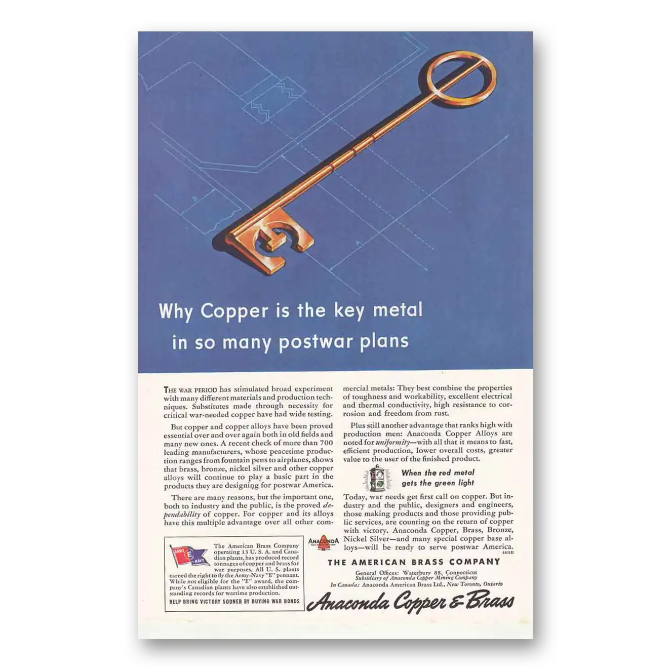 1944 Anaconda Copper is the Key Metal Vintage Magazine Print Ad