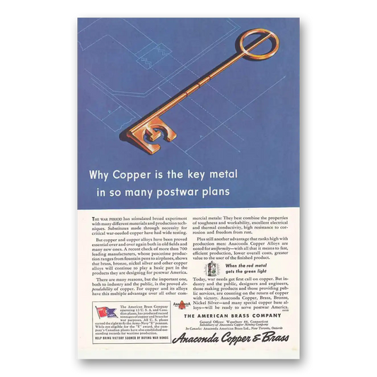 1944 Anaconda Copper is the Key Metal Vintage Magazine Print Ad