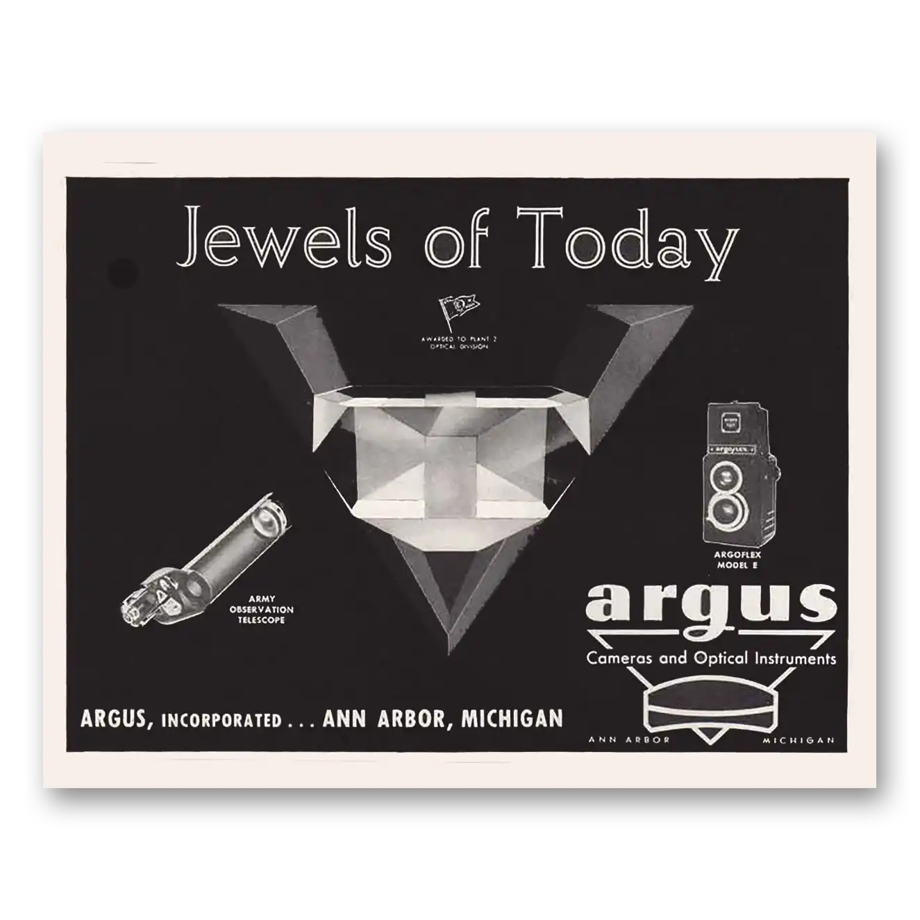 1944 Argus Cameras and Optical Instruments Jewels of Today Vintage Magazine Print Ad