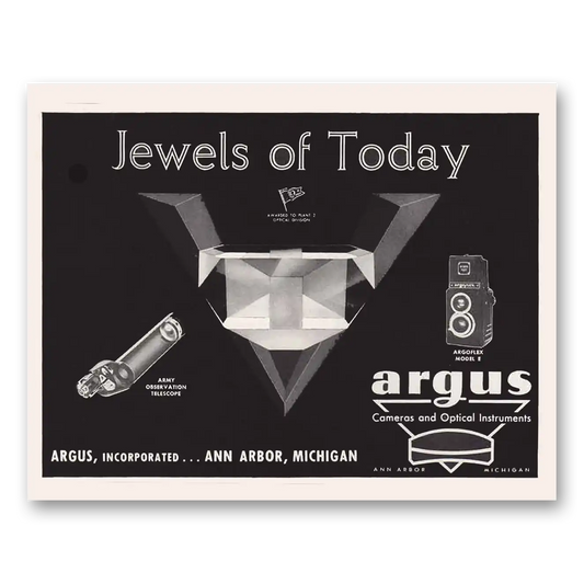 1944 Argus Cameras and Optical Instruments Jewels of Today Vintage Magazine Print Ad