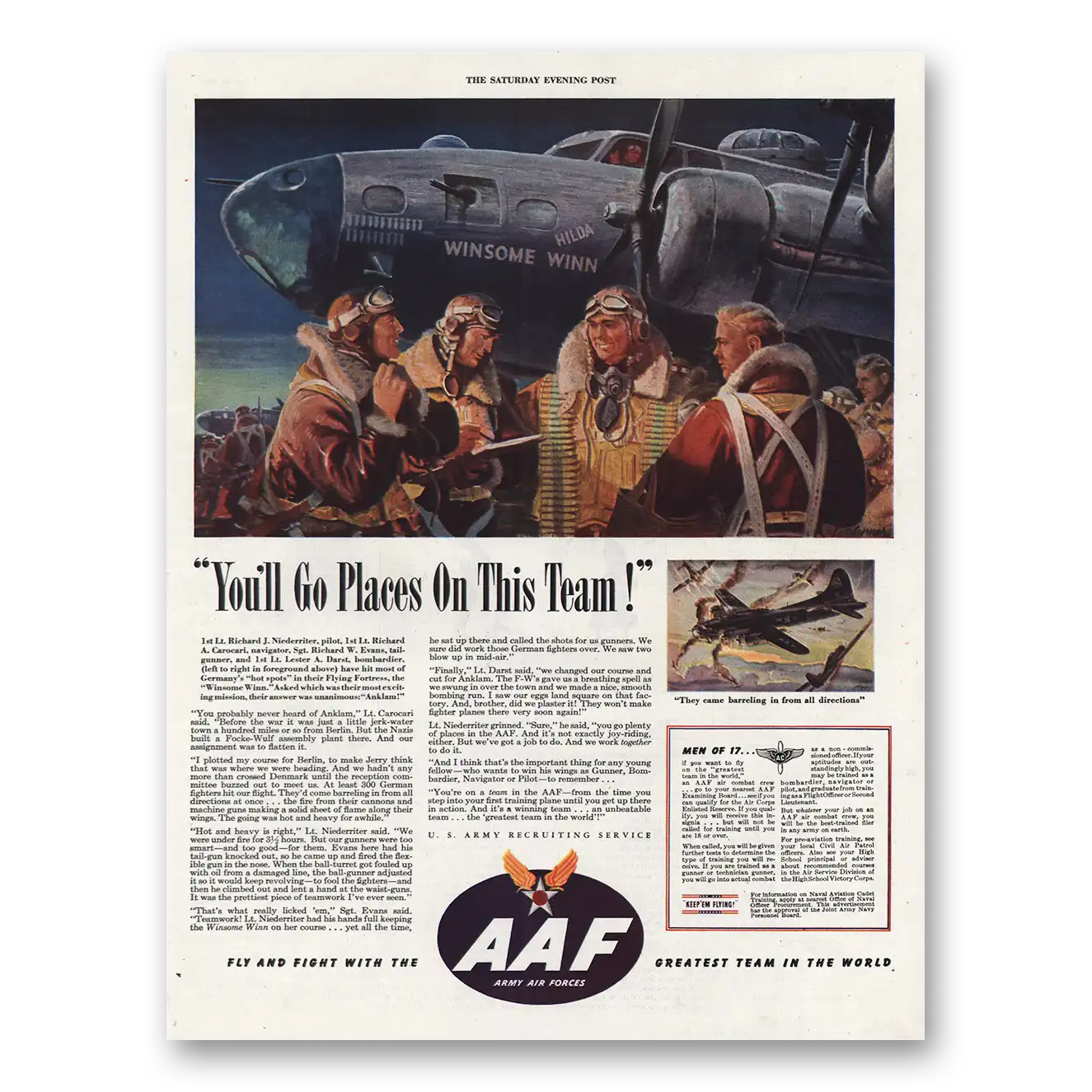 1944 US Army Army Air Forces To Places On This Team Vintage Magazine Print Ad