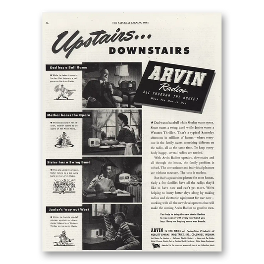 1944 Arvin Radios Upstairs Downstairs Vintage Magazine Print Ad