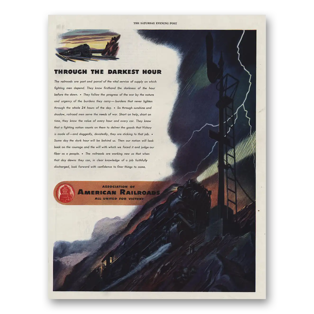 1944 Association of American Railroads Through the Darkest Hour Vintage Magazine Print Ad