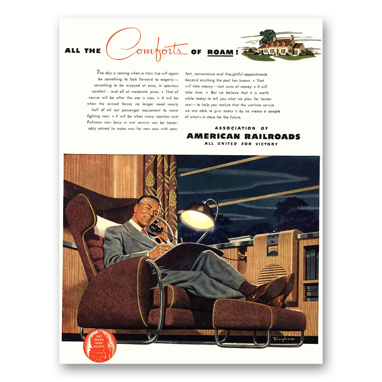 1944 Association of American Railroads All the Comforts of Roam Vintage Magazine Print Ad