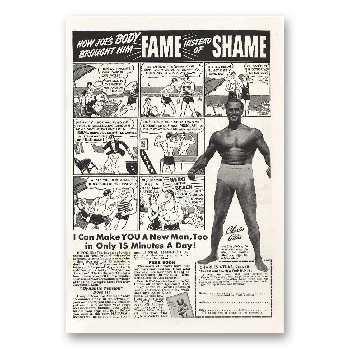 1944 Charles Atlas Fame Instead of Shame Vintage Magazine Print Ad