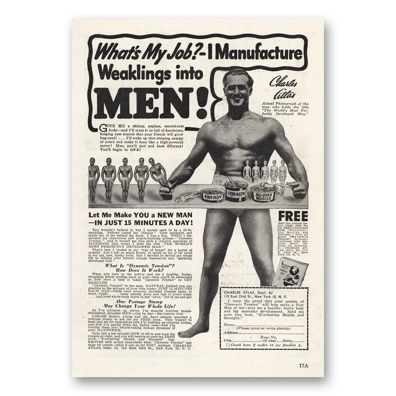 1944 Charles Atlas Manufacture Weaklings Into Men Vintage Magazine Print Ad