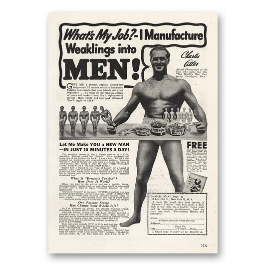 1944 Charles Atlas Manufacture Weaklings Into Men Vintage Magazine Print Ad