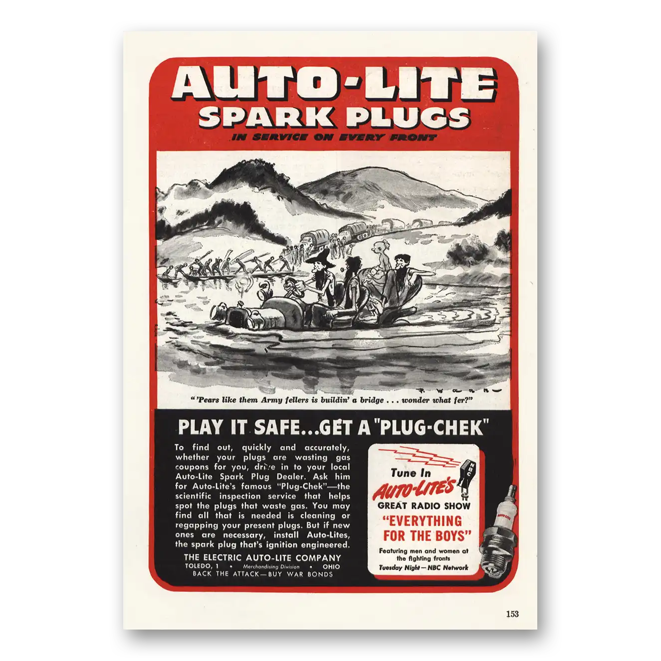 1944 Autolite Spark Plugs Play It Safe Get a Plug Chek Vintage Magazine Print Ad