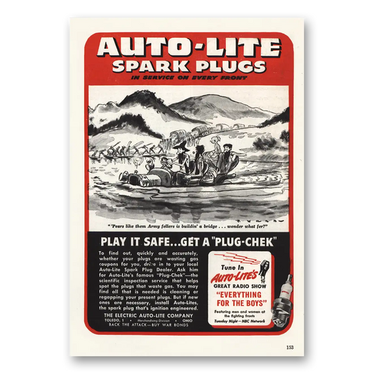 1944 Autolite Spark Plugs Play It Safe Get a Plug Chek Vintage Magazine Print Ad