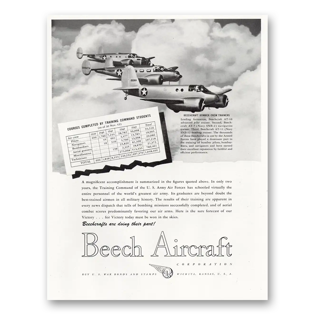 1944 Beechcraft Training Command Students Vintage Magazine Print Ad