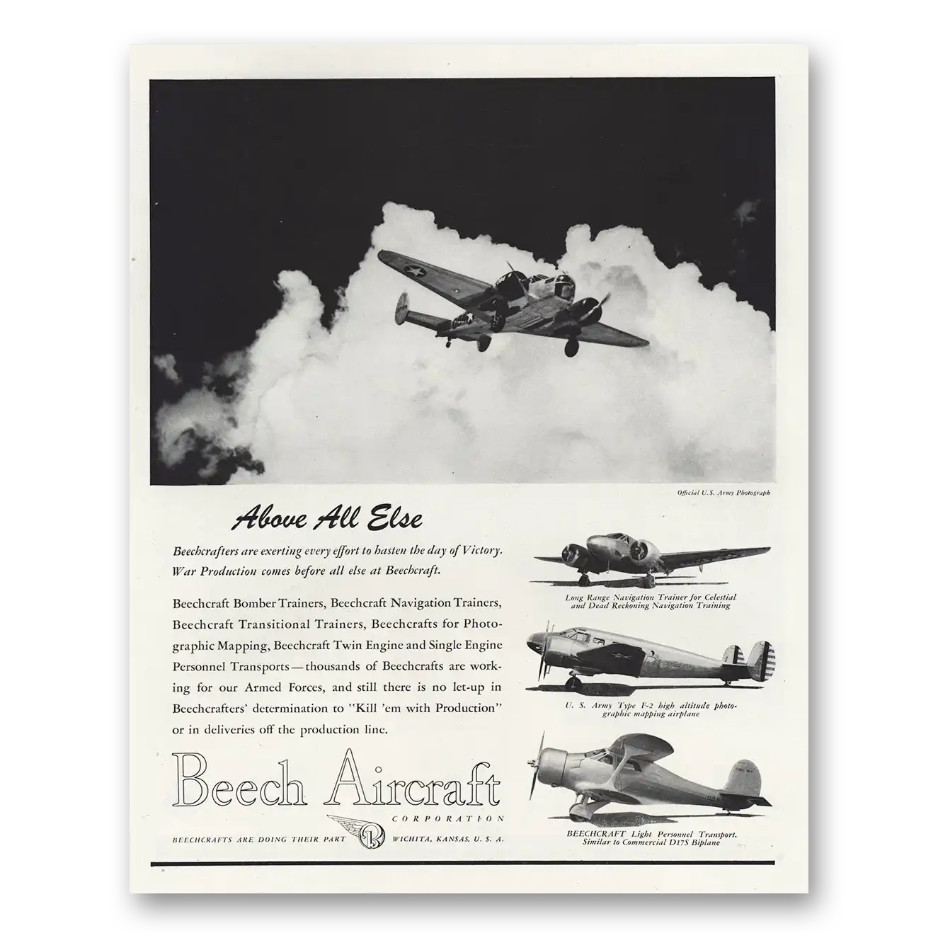 1944 Beechcraft Above All Else Vintage Magazine Print Ad