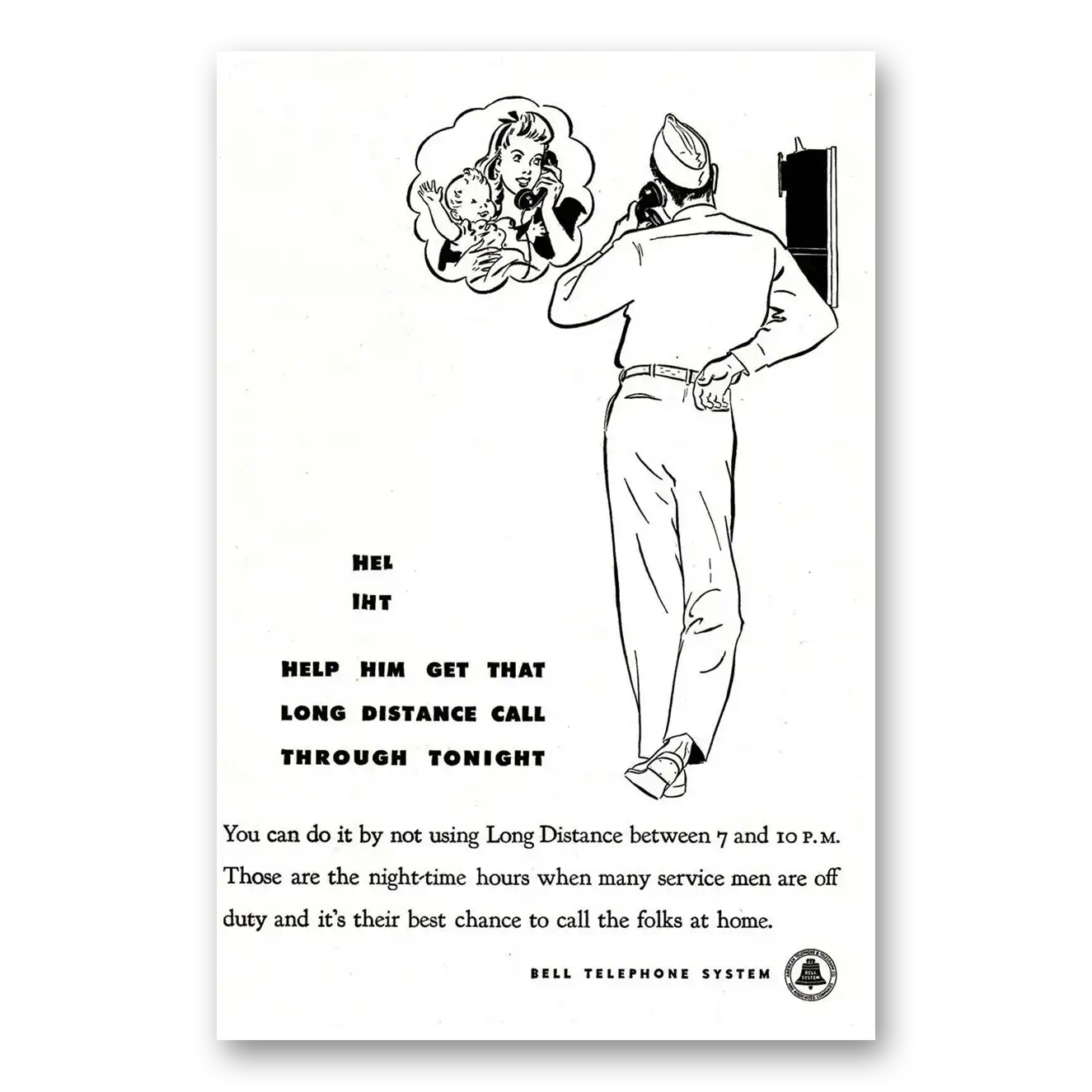 1944 Bell Telephone Help Him Get That Long Distance Call Vintage Magazine Print Ad