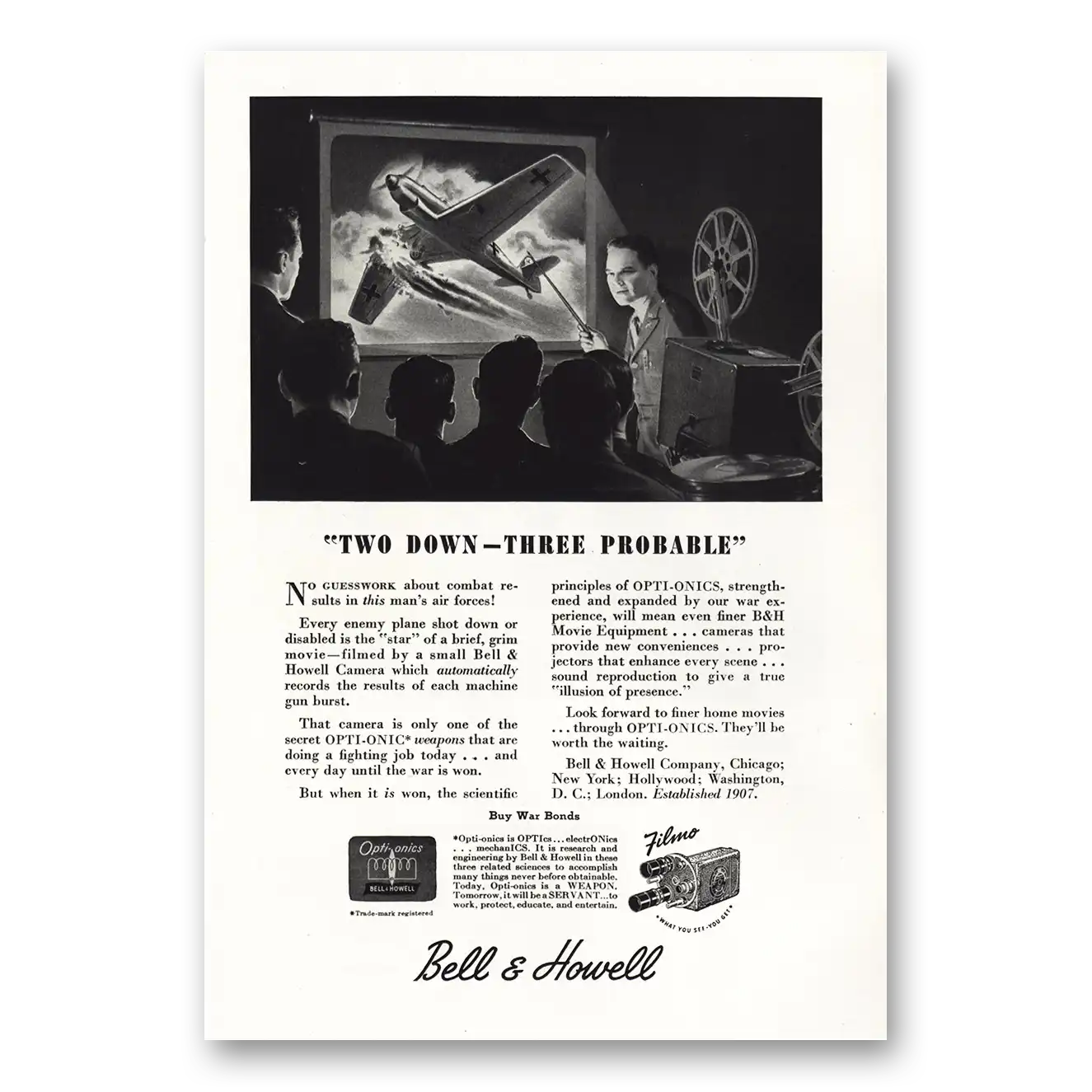 1944 Filmo Camera Two Down Three Probable Vintage Magazine Print Ad