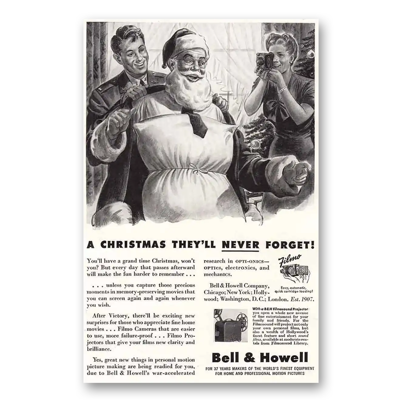 1944 Filmo Camera Christmas They'll Never Forget Vintage Magazine Print Ad