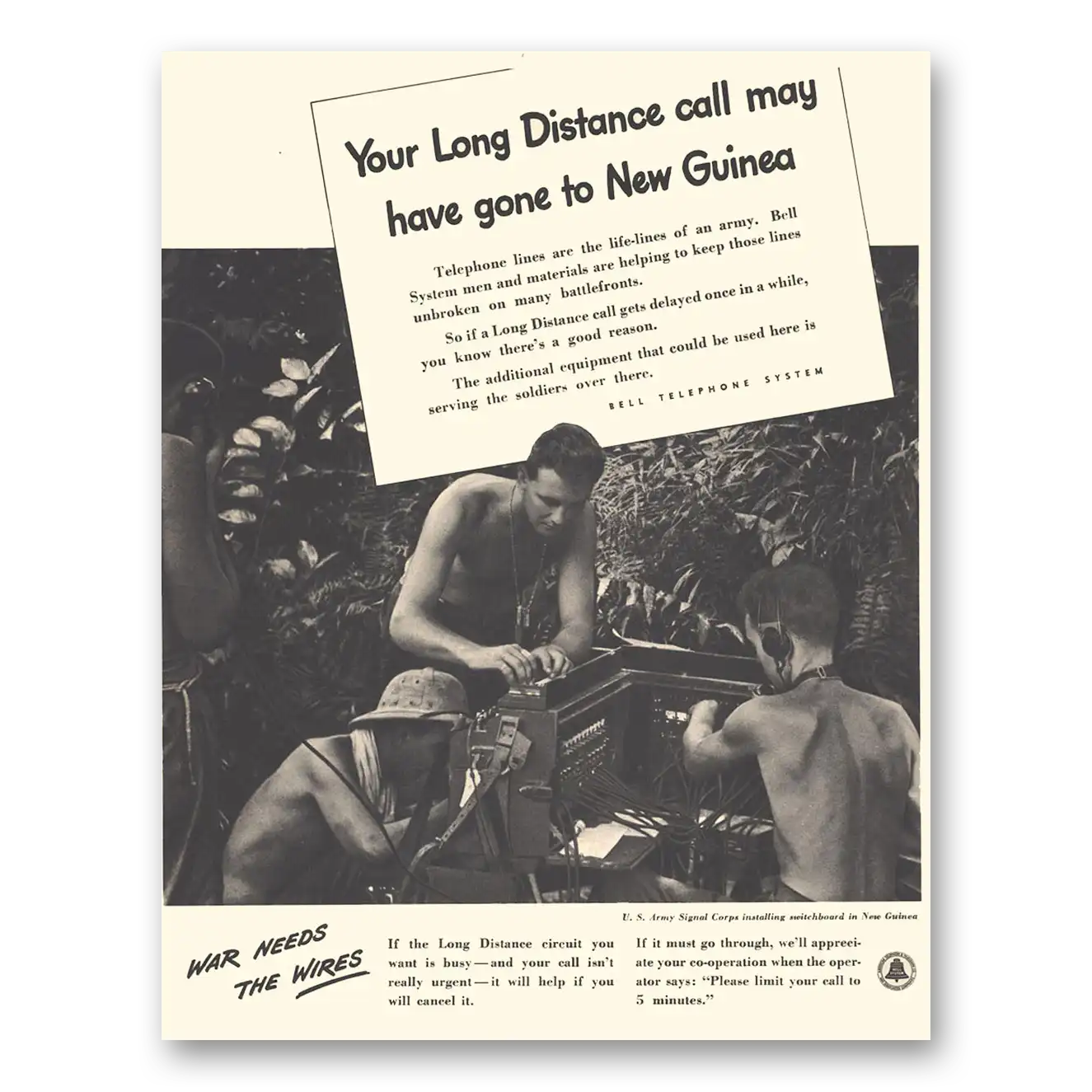 1944 Bell Telephone Long Distance Call May Have Gone to New Guinea Vintage Magazine Print Ad