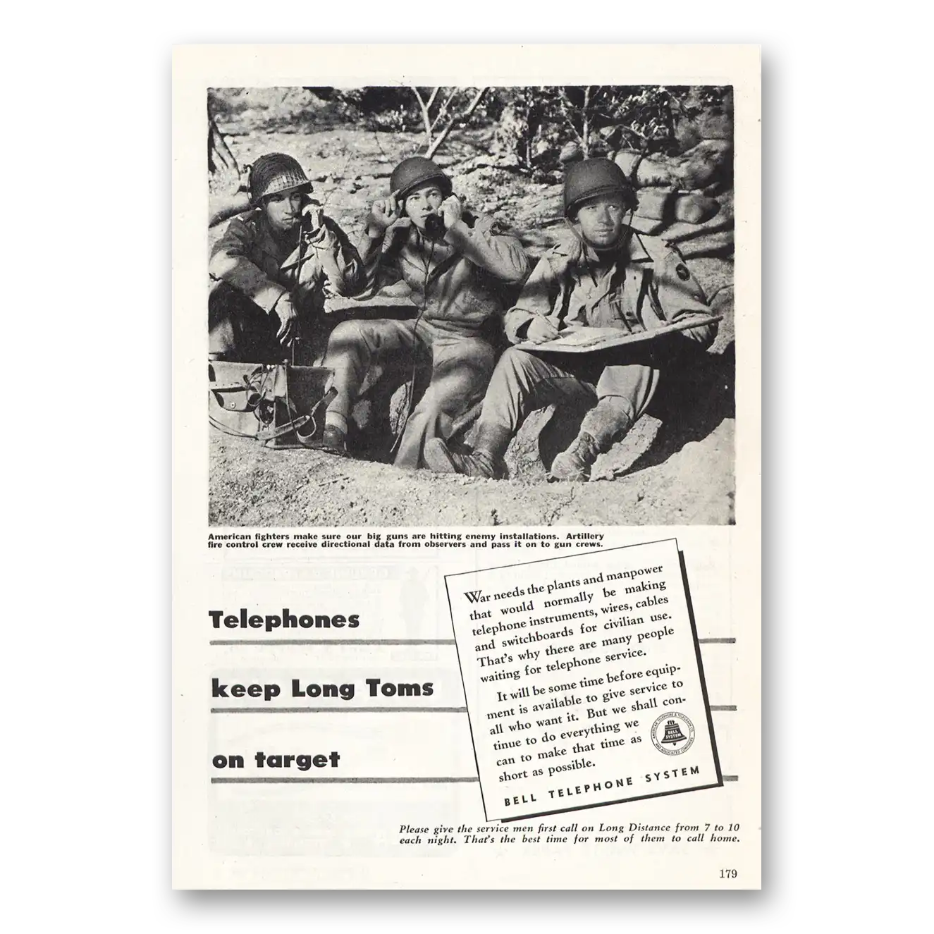 1944 Bell Telephone Keep Long Toms on Target Vintage Magazine Print Ad