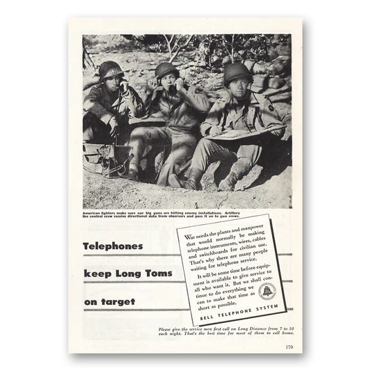 1944 Bell Telephone Keep Long Toms on Target Vintage Magazine Print Ad