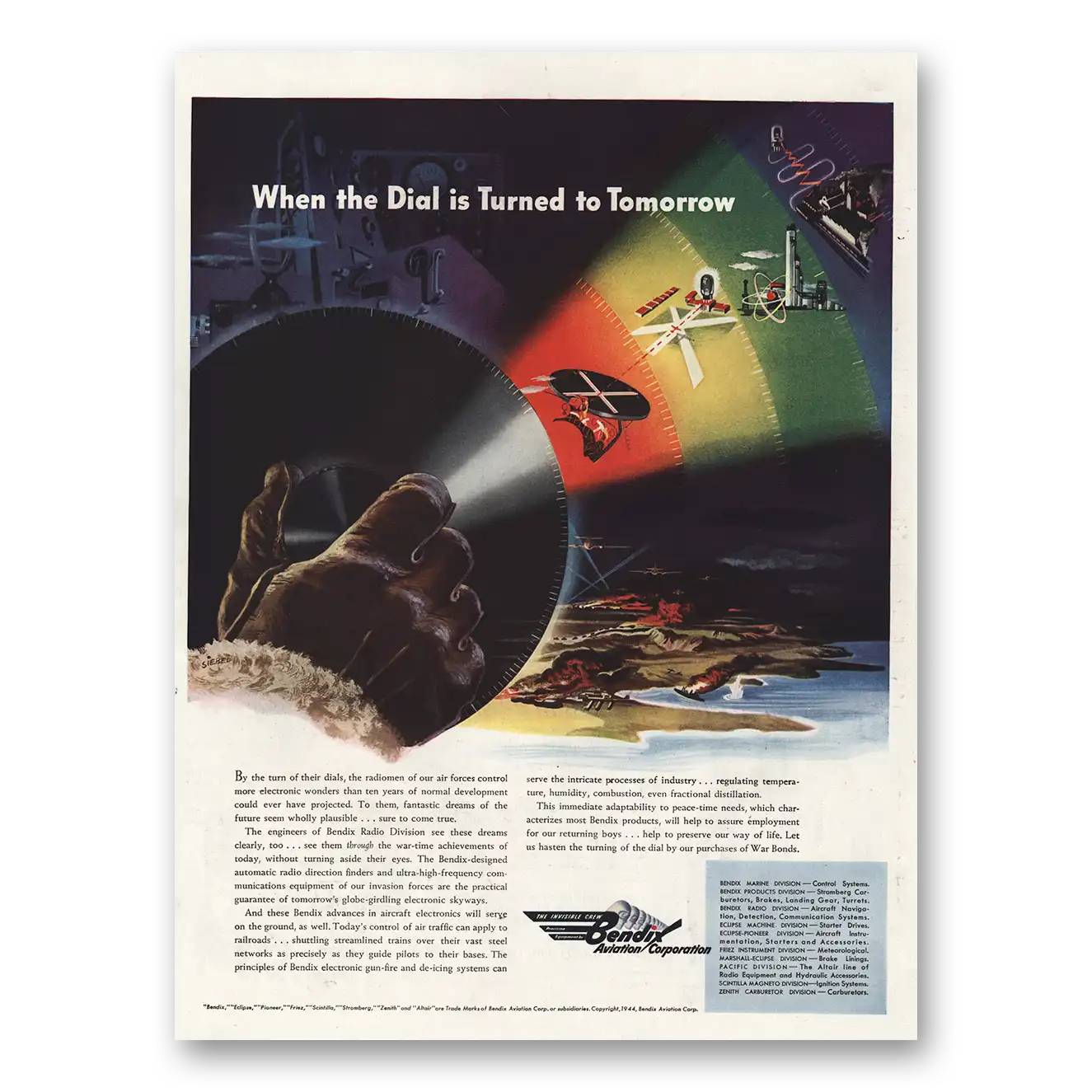 1944 Bendix Aviation Dial Turned to Tomorrow Vintage Magazine Print Ad