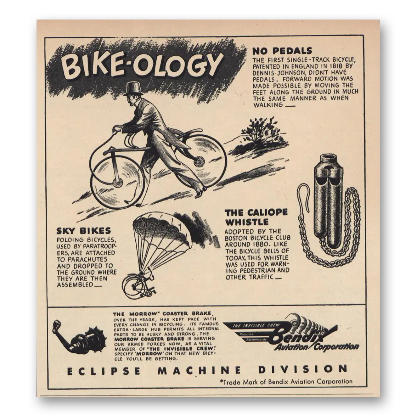 1944 Bendix Aviation Bike Ology No Pedals Vintage Magazine Print Ad